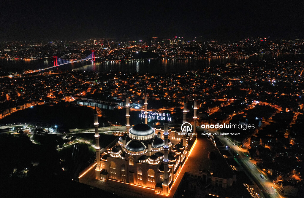 Mahya on Camlica Mosque in Istanbul