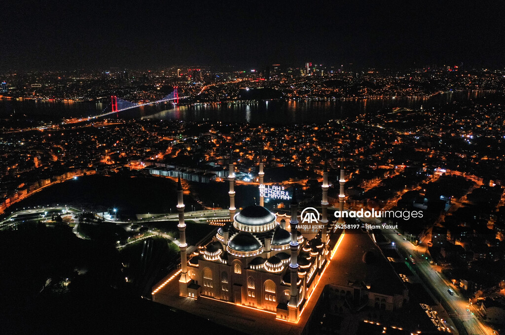 Mahya on Camlica Mosque in Istanbul