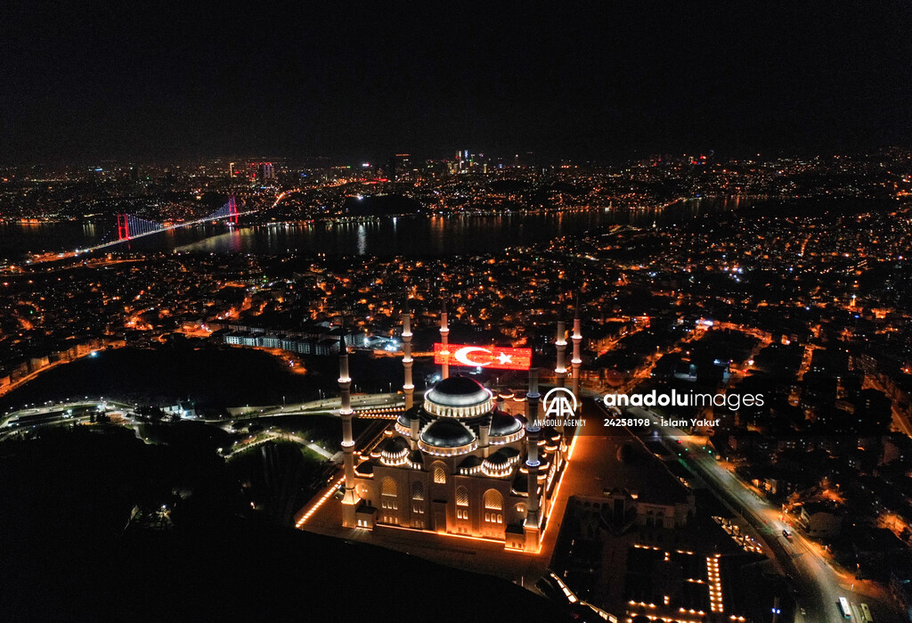 Mahya on Camlica Mosque in Istanbul