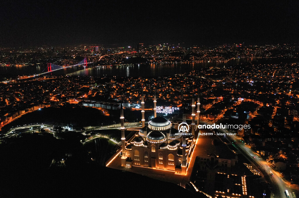 Mahya on Camlica Mosque in Istanbul