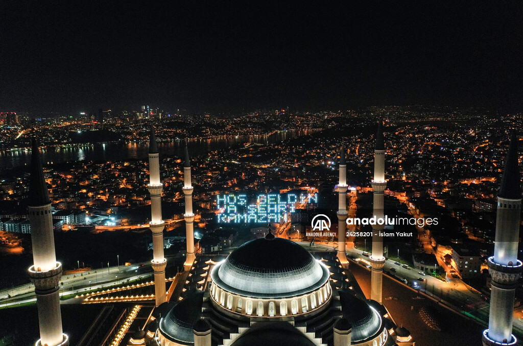 Mahya on Camlica Mosque in Istanbul