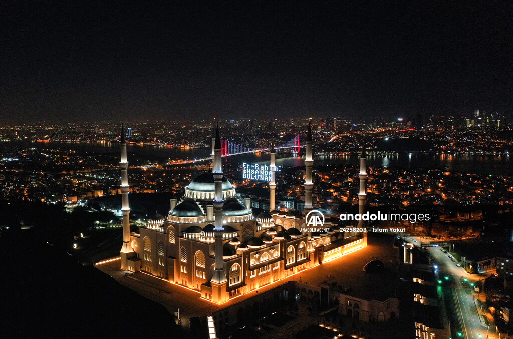 Mahya on Camlica Mosque in Istanbul