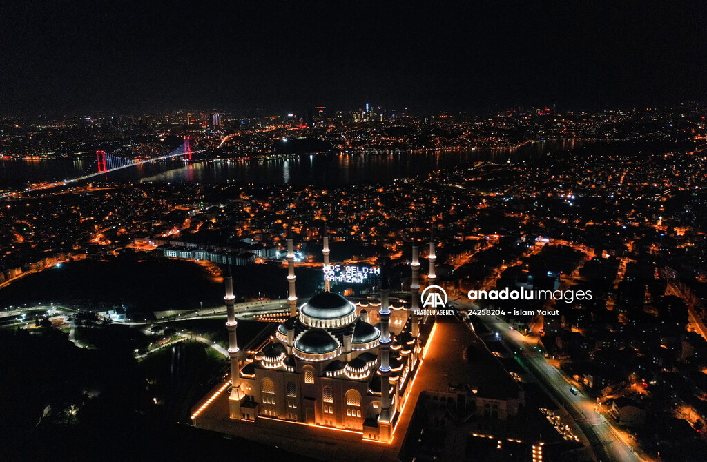 Mahya on Camlica Mosque in Istanbul