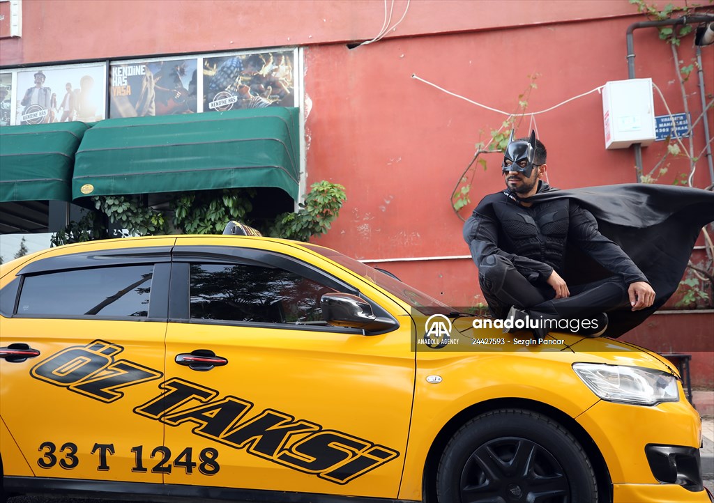 "Batman" costumed taxi driver in Turkey's Mersin