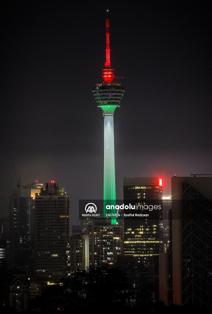 KL Tower illuminated with Palestinian flag's colors to show solidarity