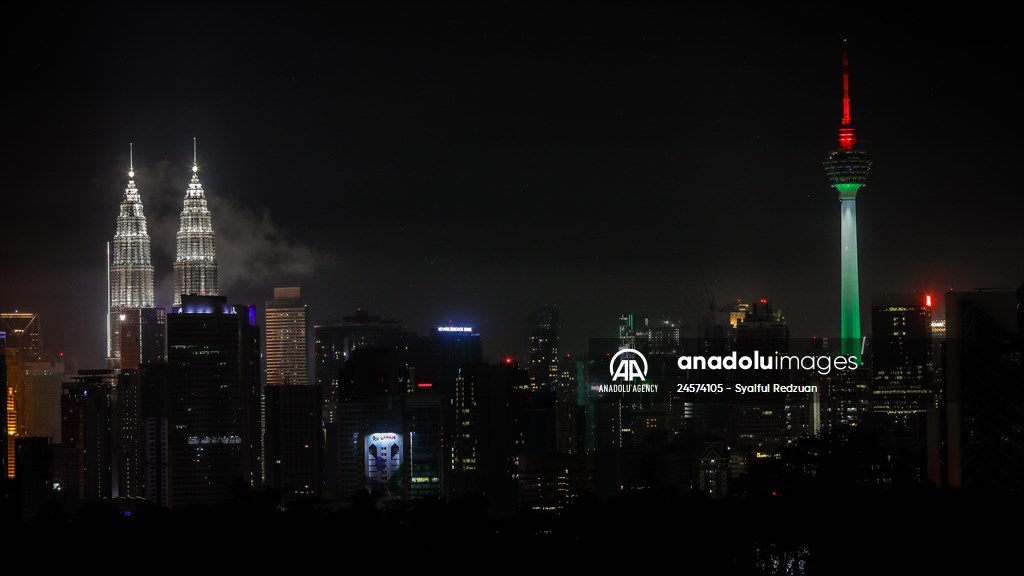 KL Tower illuminated with Palestinian flag's colors to show solidarity