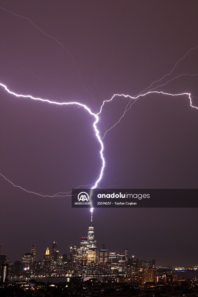 Lightning strikes over the Freedom Tower in NYC