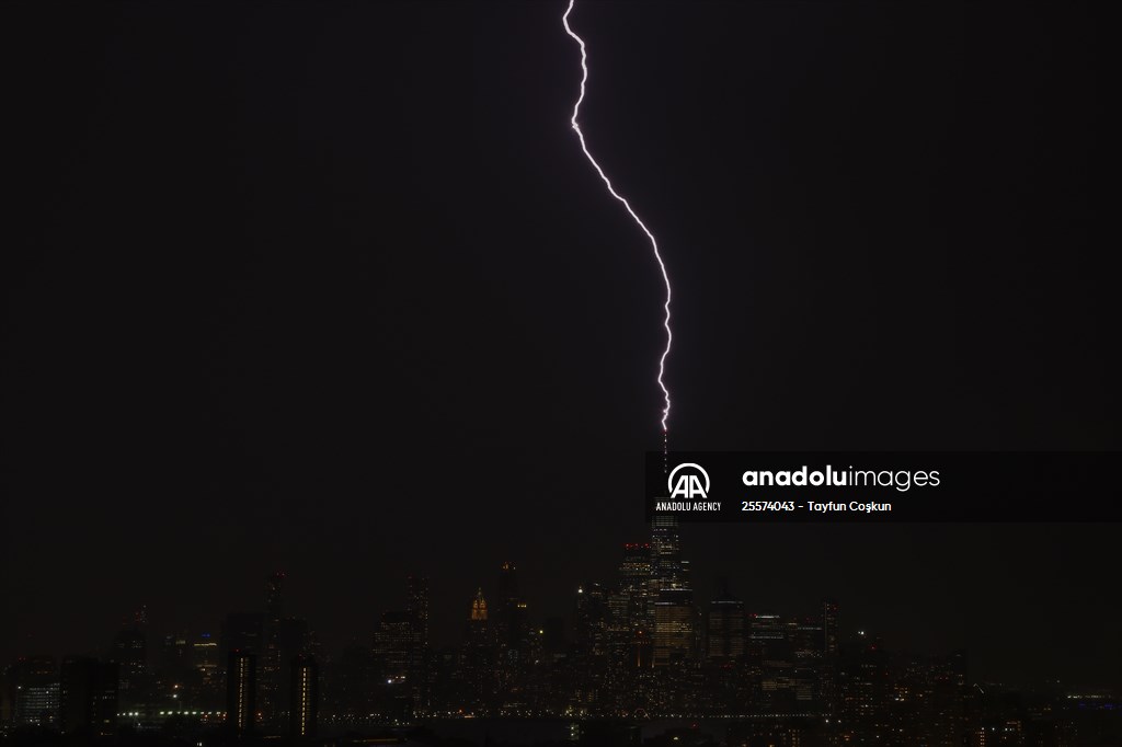 Lightning strikes over the Freedom Tower in NYC