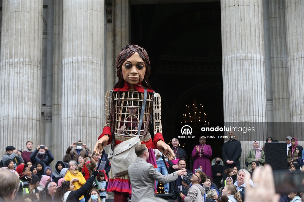 Little Amal, symbol of child refugees, reaches London