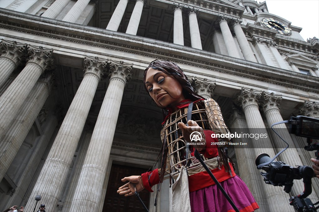 Little Amal, symbol of child refugees, reaches London