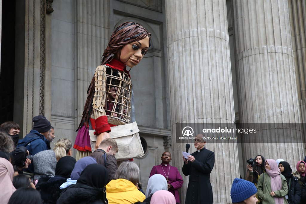 Little Amal, symbol of child refugees, reaches London