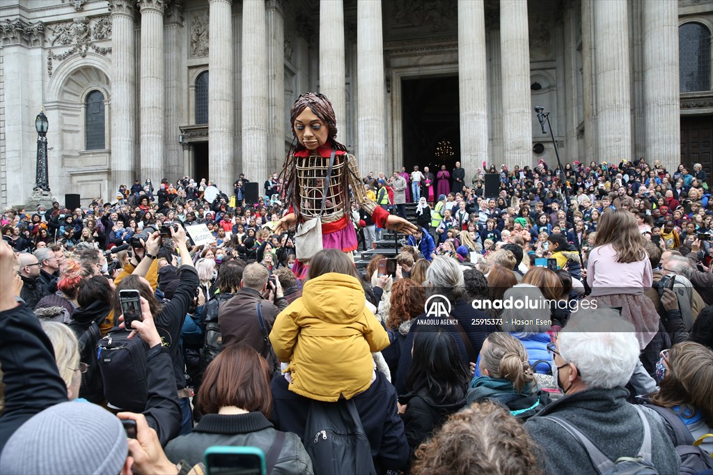 Little Amal, symbol of child refugees, reaches London