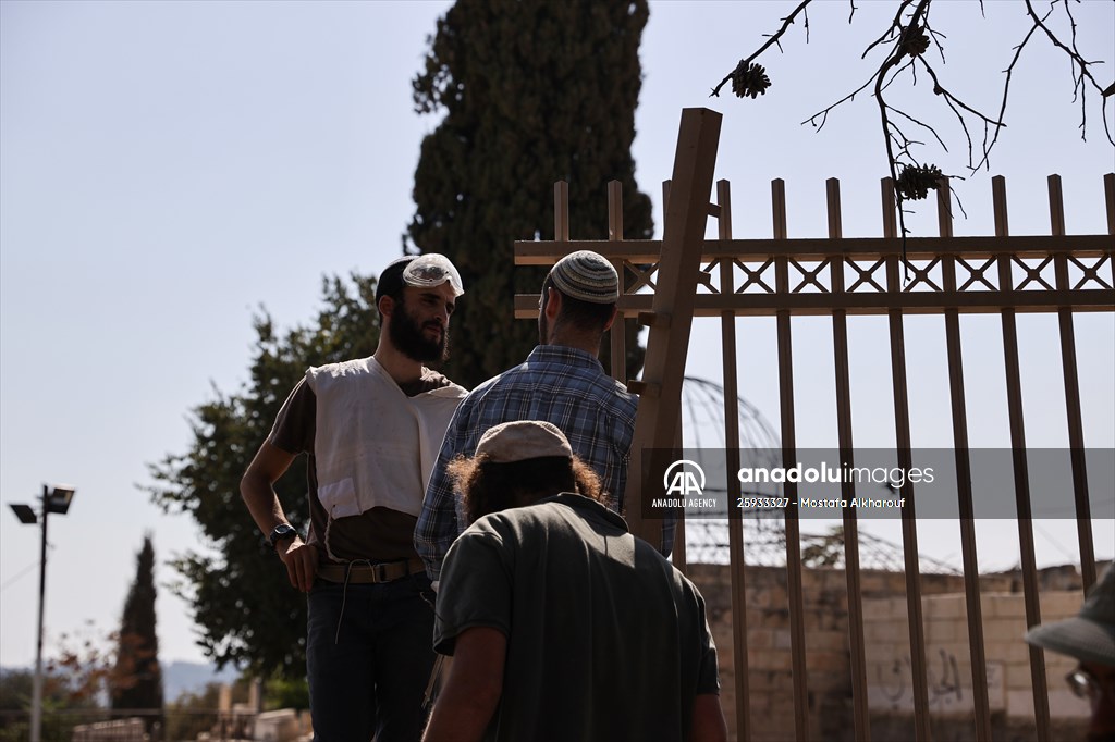 Palestinian mother reacts on her son's grave to Israel's works to turn part of cemetery into a park