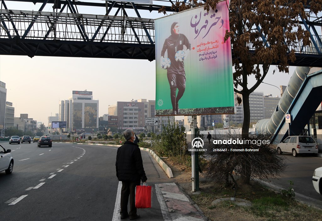 Posters of Iranian goalkeeper Zohreh Koudaei in Tehran