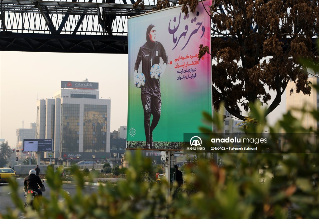 Posters of Iranian goalkeeper Zohreh Koudaei in Tehran