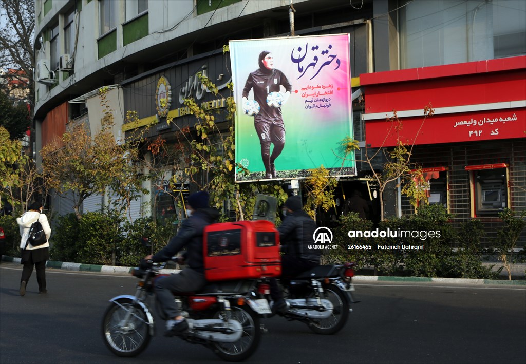 Posters of Iranian goalkeeper Zohreh Koudaei in Tehran