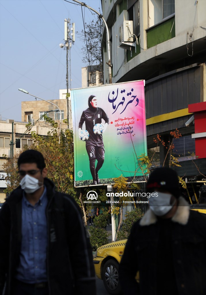 Posters of Iranian goalkeeper Zohreh Koudaei in Tehran