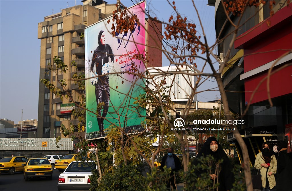 Posters of Iranian goalkeeper Zohreh Koudaei in Tehran
