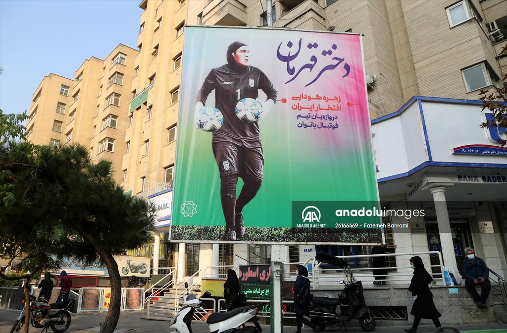 Posters of Iranian goalkeeper Zohreh Koudaei in Tehran