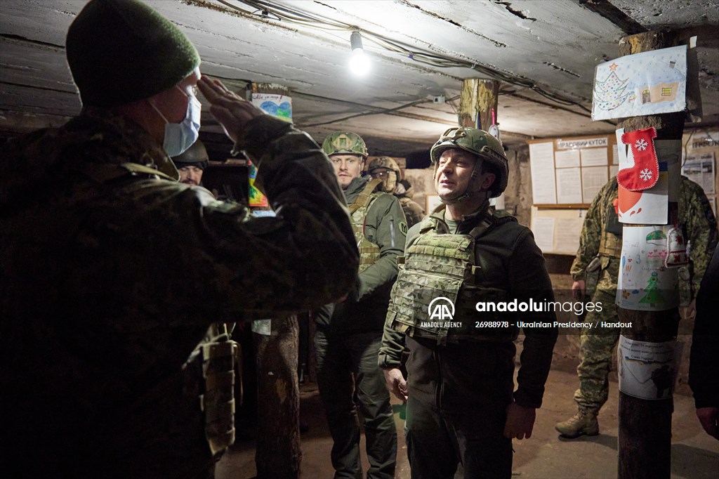 Ukrainian President Volodymyr Zelensky visits border troops in Donetsk