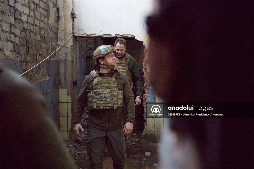 Ukrainian President Volodymyr Zelensky visits border troops in Donetsk