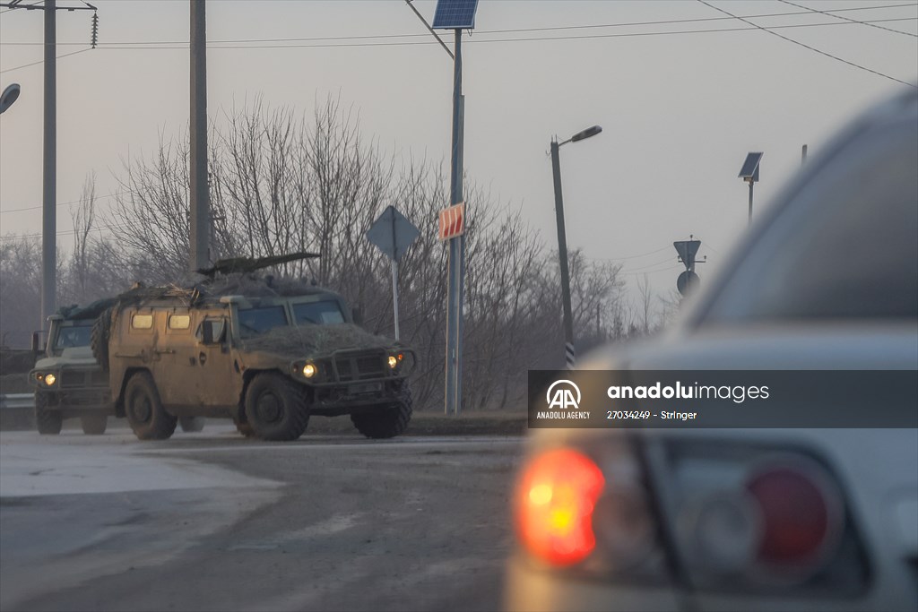 A convoy of Russian military vehicles moving towards border in Donbas region