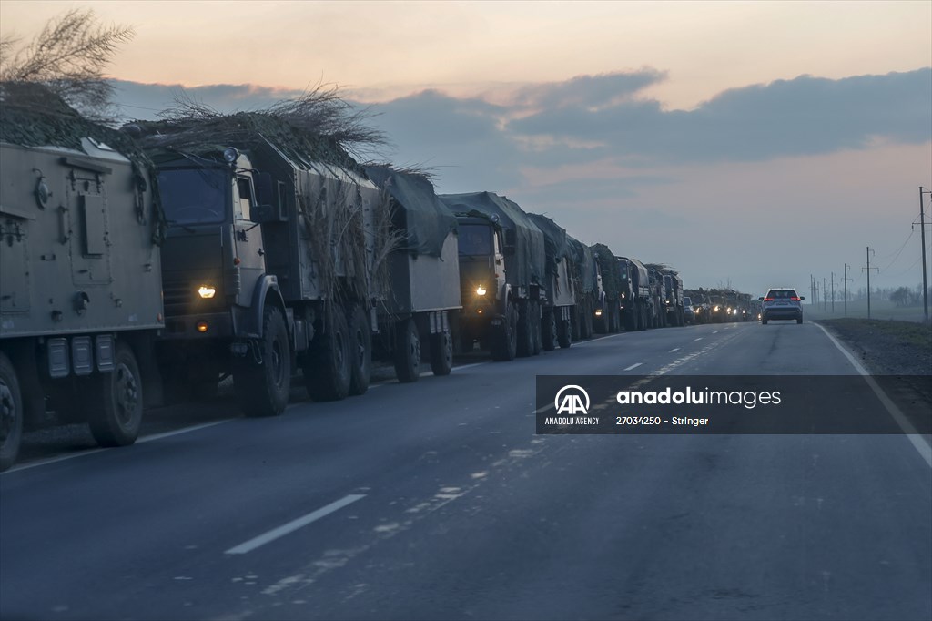A convoy of Russian military vehicles moving towards border in Donbas region