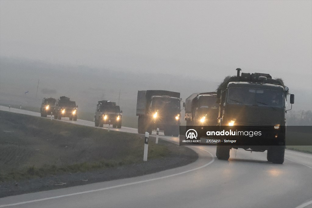 A convoy of Russian military vehicles moving towards border in Donbas region