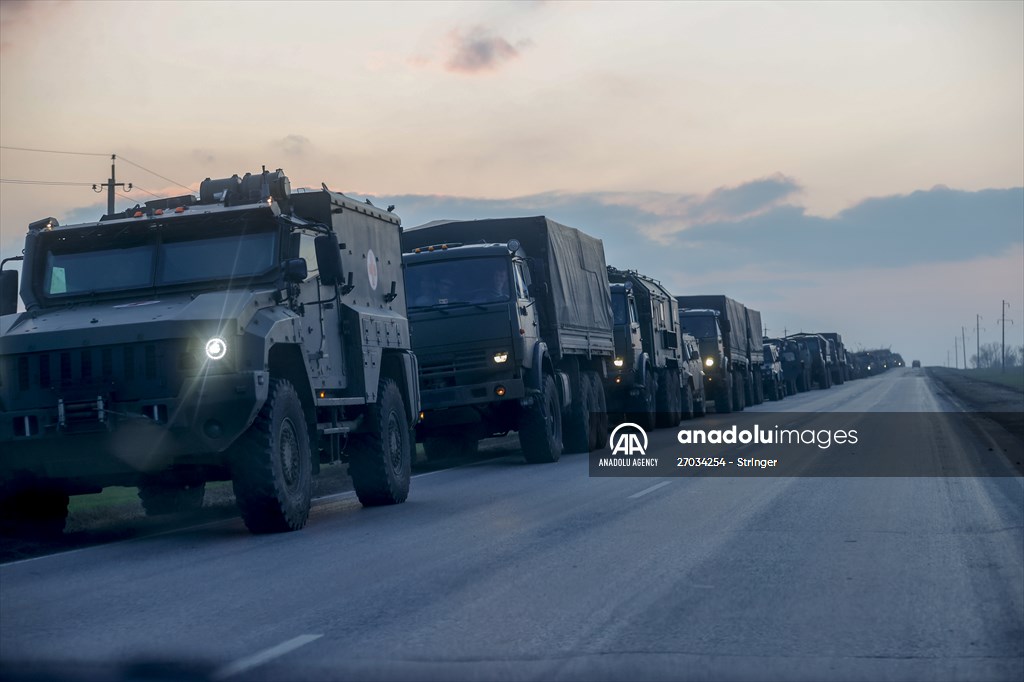 A convoy of Russian military vehicles moving towards border in Donbas region