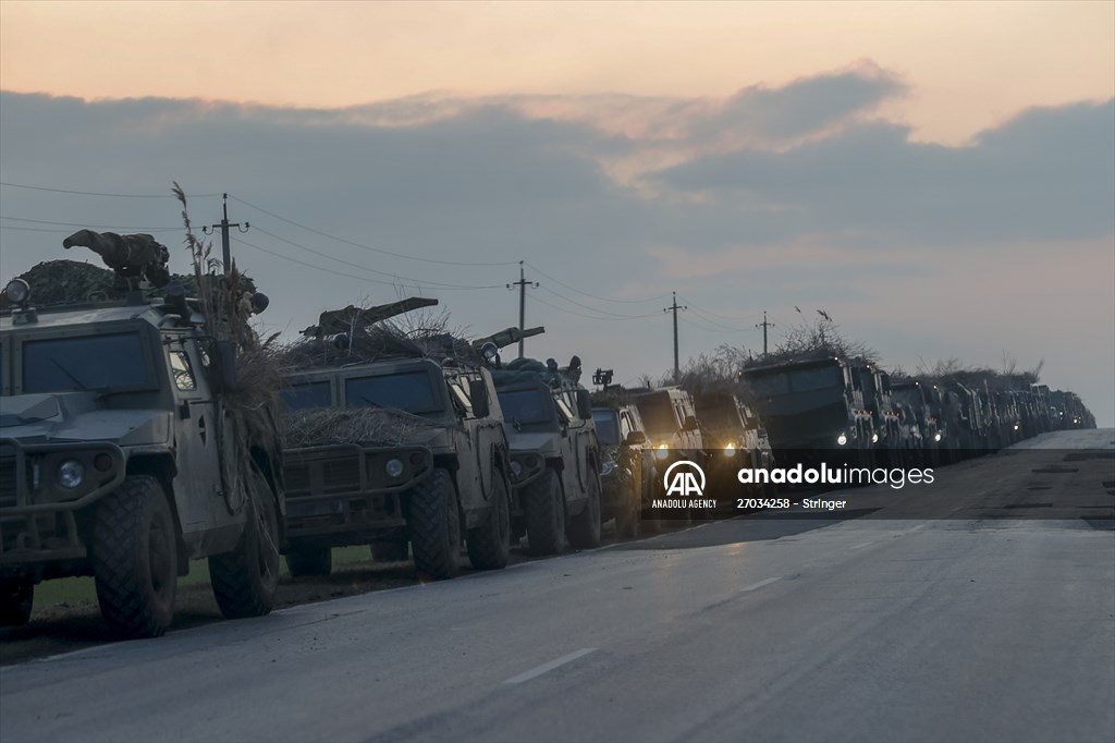 A convoy of Russian military vehicles moving towards border in Donbas region