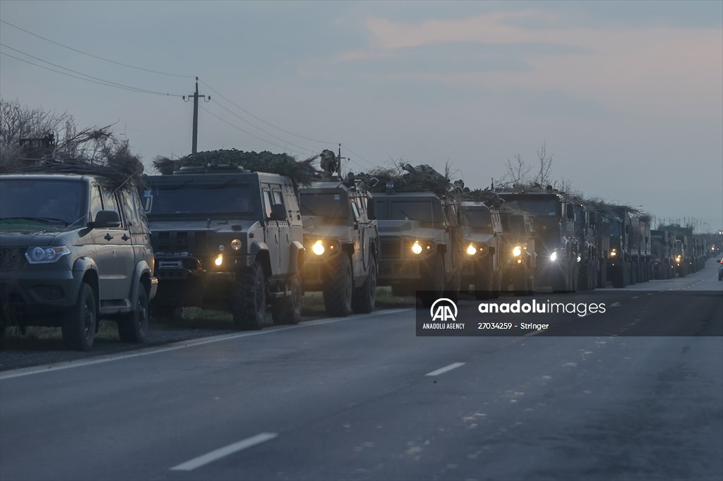 A convoy of Russian military vehicles moving towards border in Donbas region