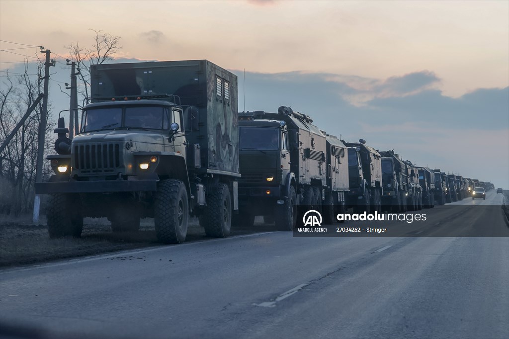 A convoy of Russian military vehicles moving towards border in Donbas region