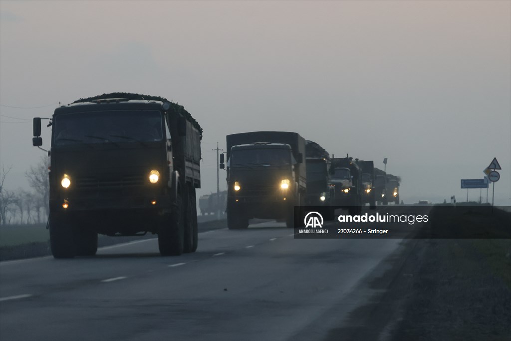 A convoy of Russian military vehicles moving towards border in Donbas region
