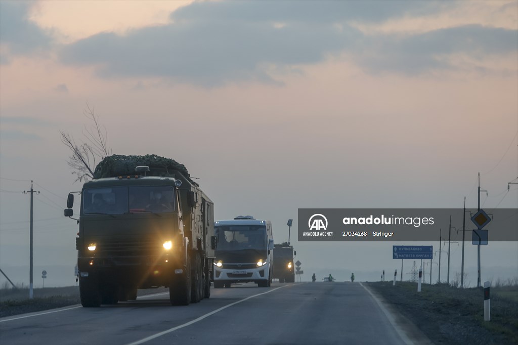 A convoy of Russian military vehicles moving towards border in Donbas region