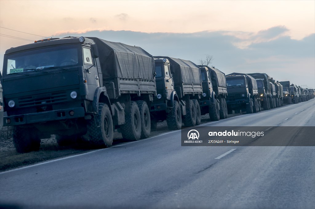 A convoy of Russian military vehicles moving towards border in Donbas region