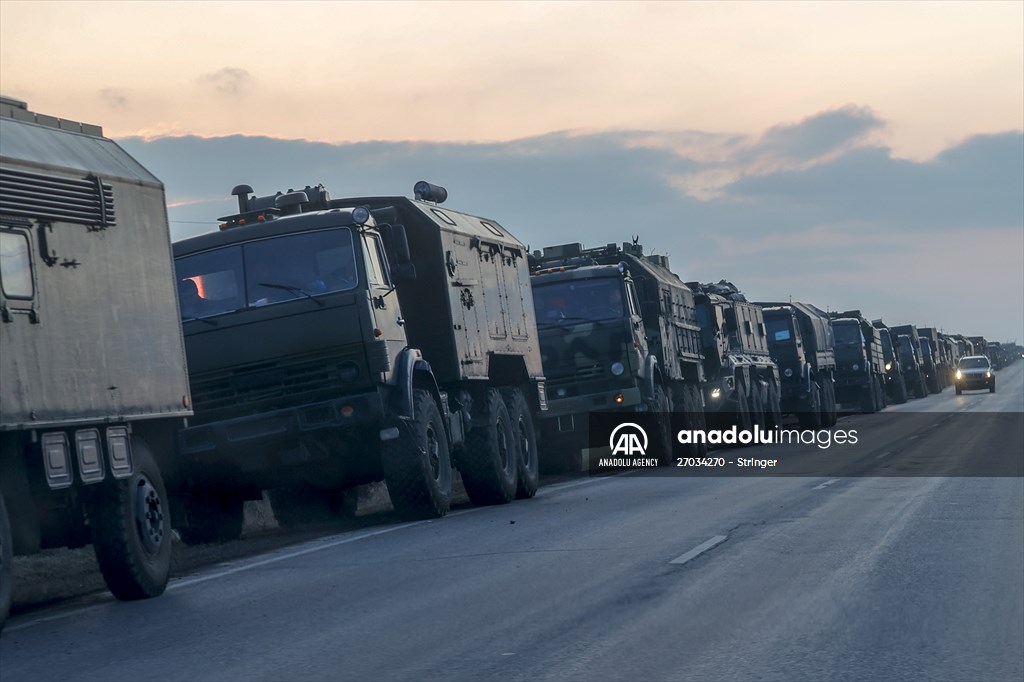 A convoy of Russian military vehicles moving towards border in Donbas region