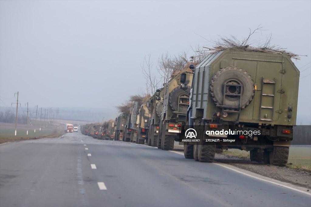 A convoy of Russian military vehicles moving towards border in Donbas region