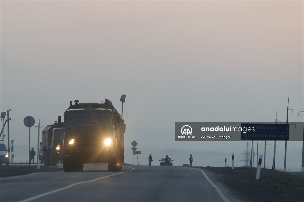 A convoy of Russian military vehicles moving towards border in Donbas region