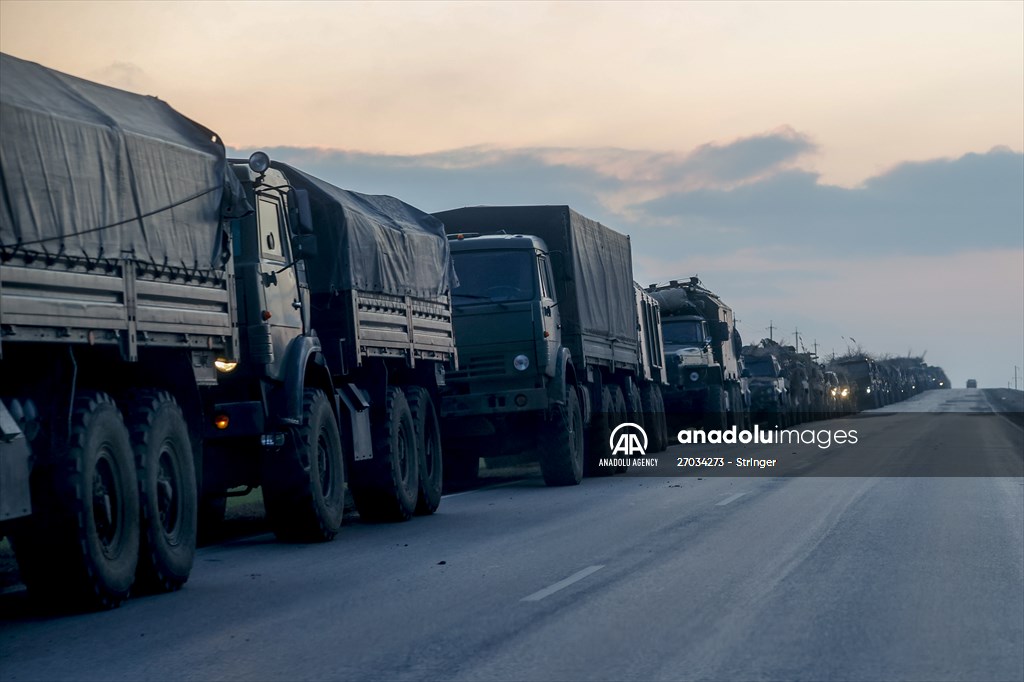A convoy of Russian military vehicles moving towards border in Donbas region