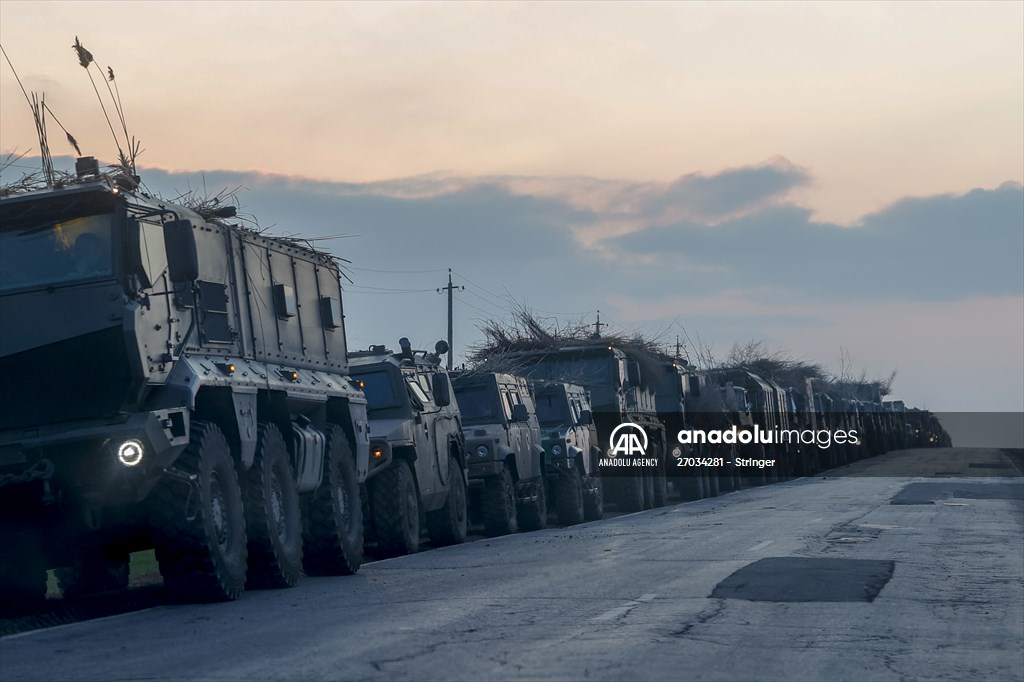 A convoy of Russian military vehicles moving towards border in Donbas region