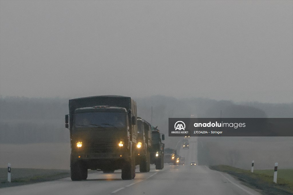 A convoy of Russian military vehicles moving towards border in Donbas region