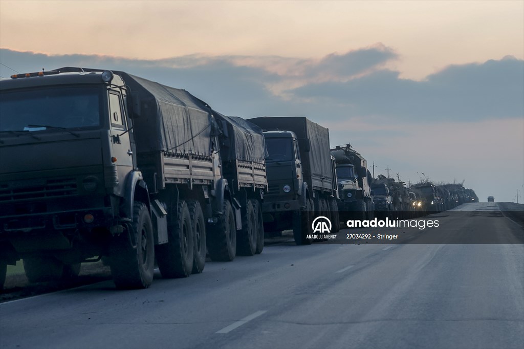 A convoy of Russian military vehicles moving towards border in Donbas region