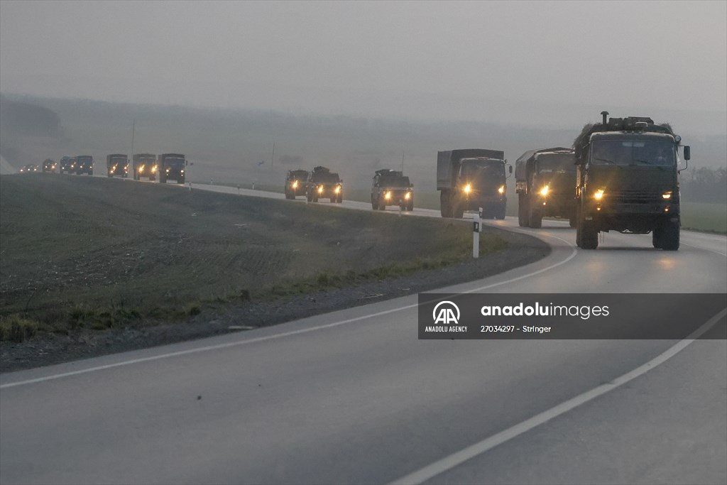 A convoy of Russian military vehicles moving towards border in Donbas region