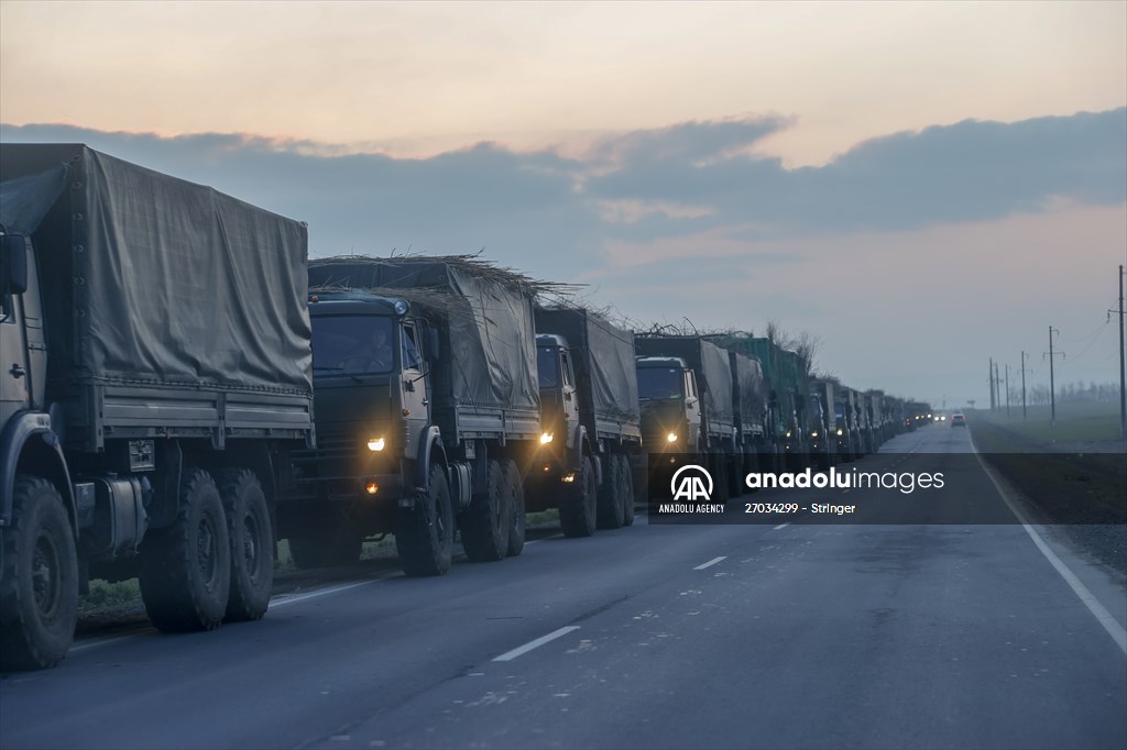 A convoy of Russian military vehicles moving towards border in Donbas region