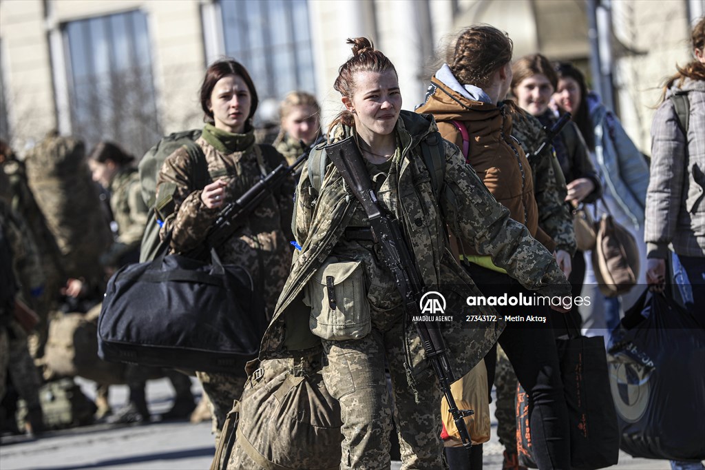 Ukrainian female soldiers heading to the frontline from Lviv