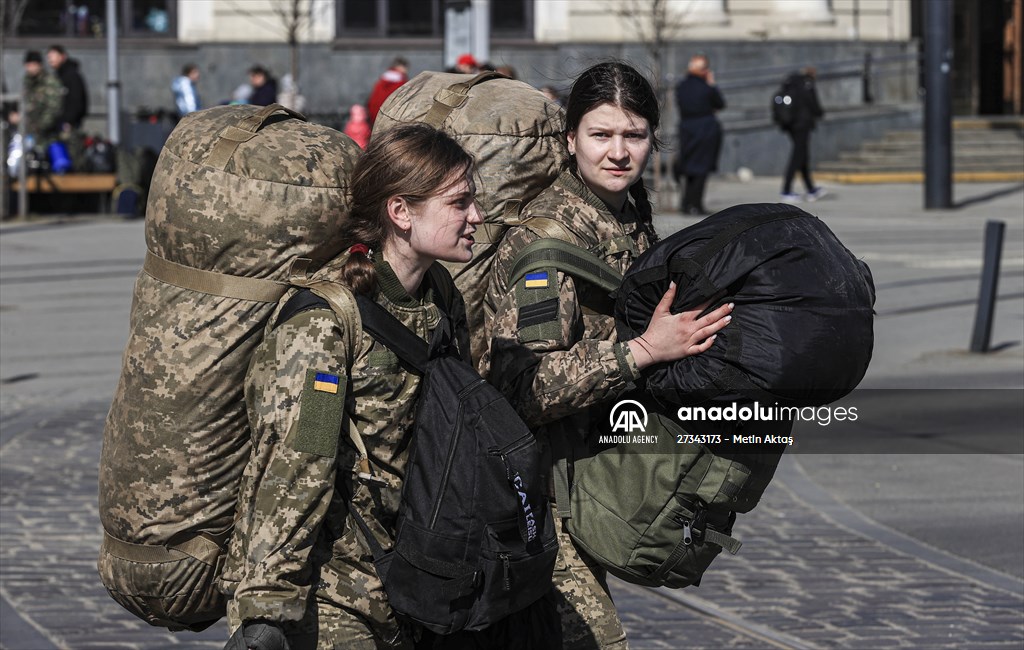 Ukrainian female soldiers heading to the frontline from Lviv