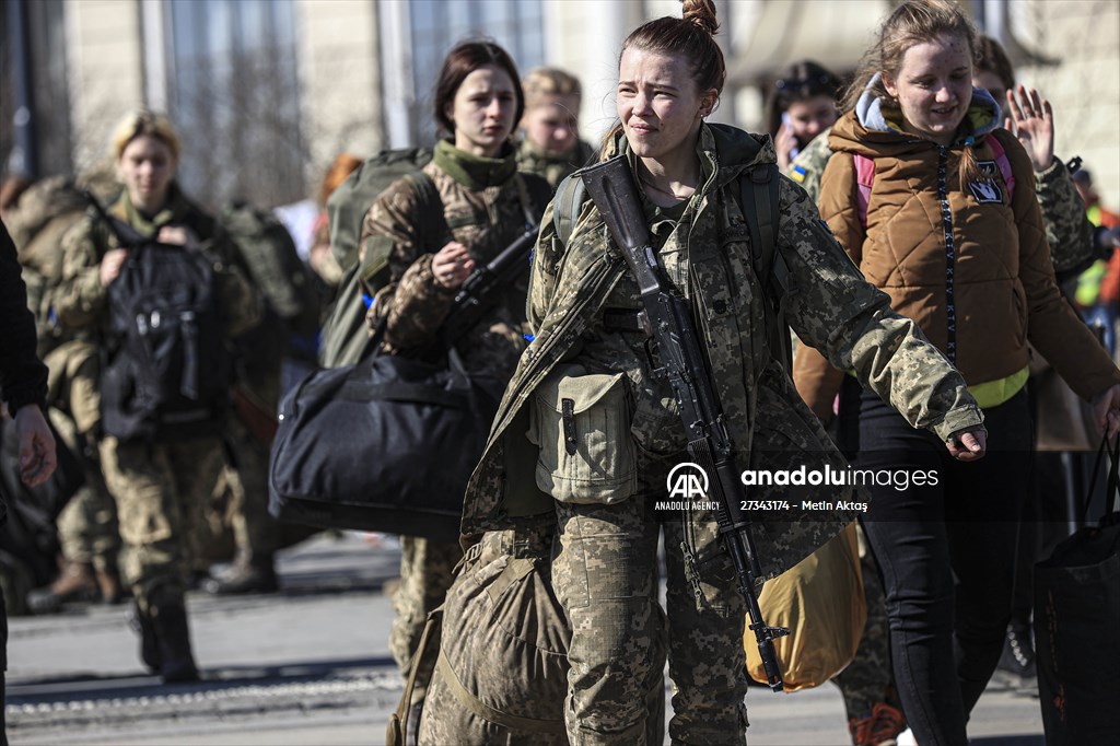 Ukrainian female soldiers heading to the frontline from Lviv