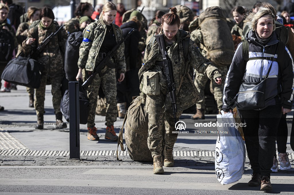 Ukrainian female soldiers heading to the frontline from Lviv