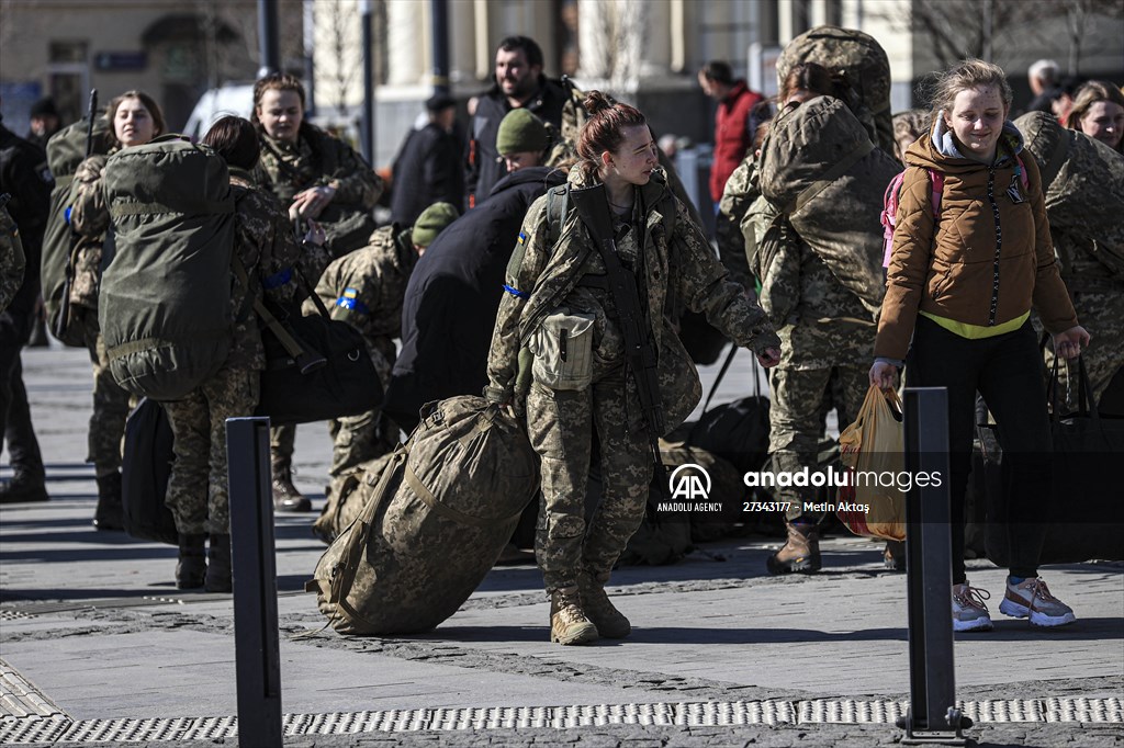 Ukrainian female soldiers heading to the frontline from Lviv