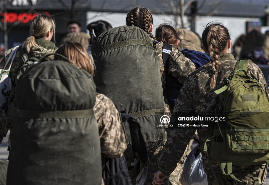 Ukrainian female soldiers heading to the frontline from Lviv